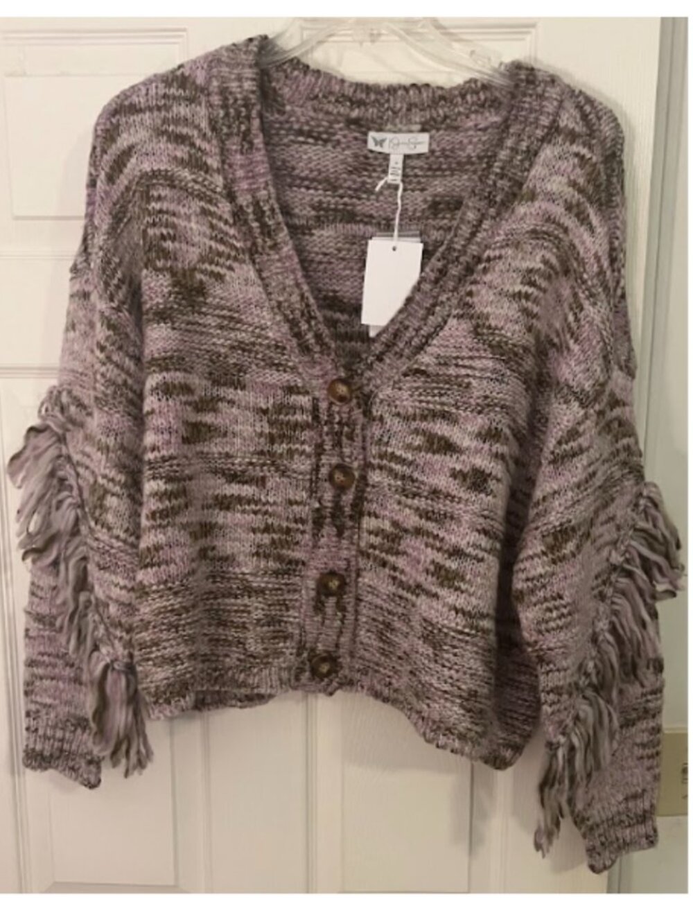 Jessica Simpson Purple Cardigan L Fringe Sleeves NWT Button front